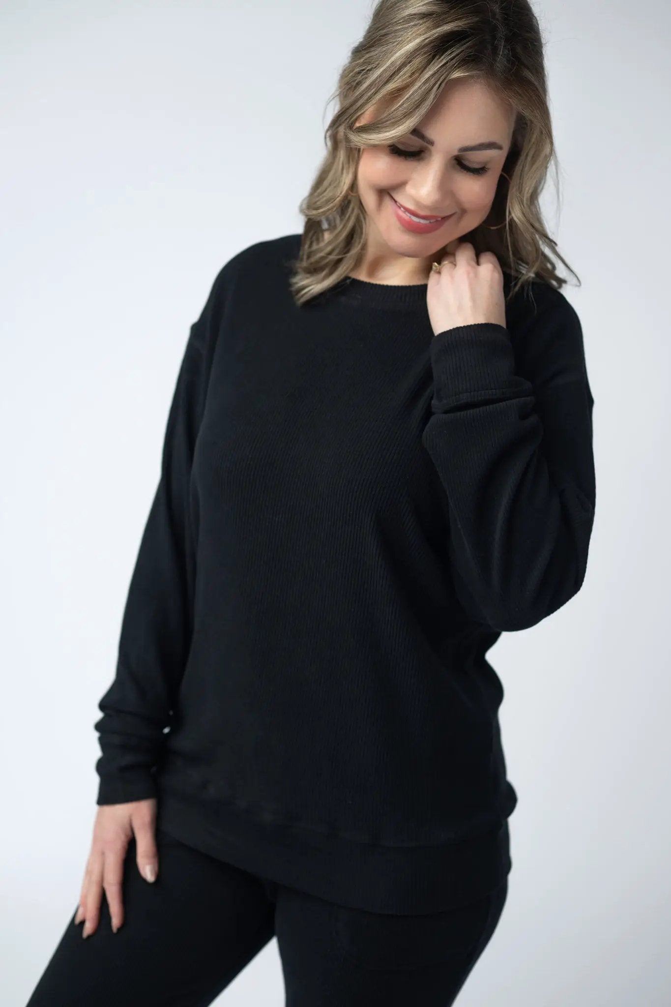 IN STOCK Corrine Ribbed Pullover Top - Black by Michelle Mae