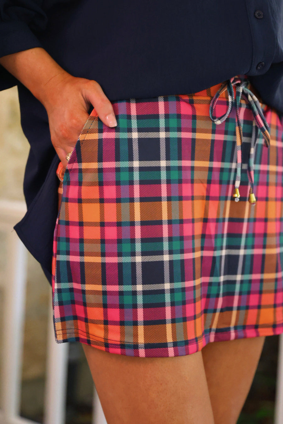 Patterned In Plaid Skort With Elastic Waistband Built In Shorts And Pockets