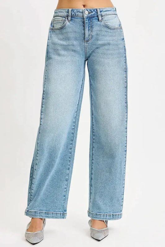 RISEN Mid Rise Wide Barrel Transferable Leg Snap Jeans by Trendsi