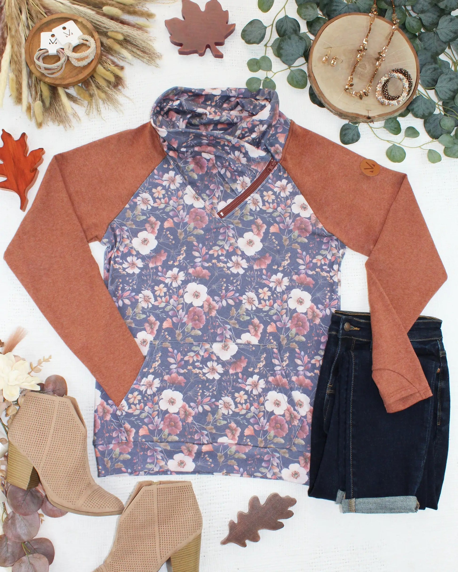 IN STOCK Classic Zoey ZipCowl Sweatshirt - Blushwood Floral and Terra Cotta by Michelle Mae