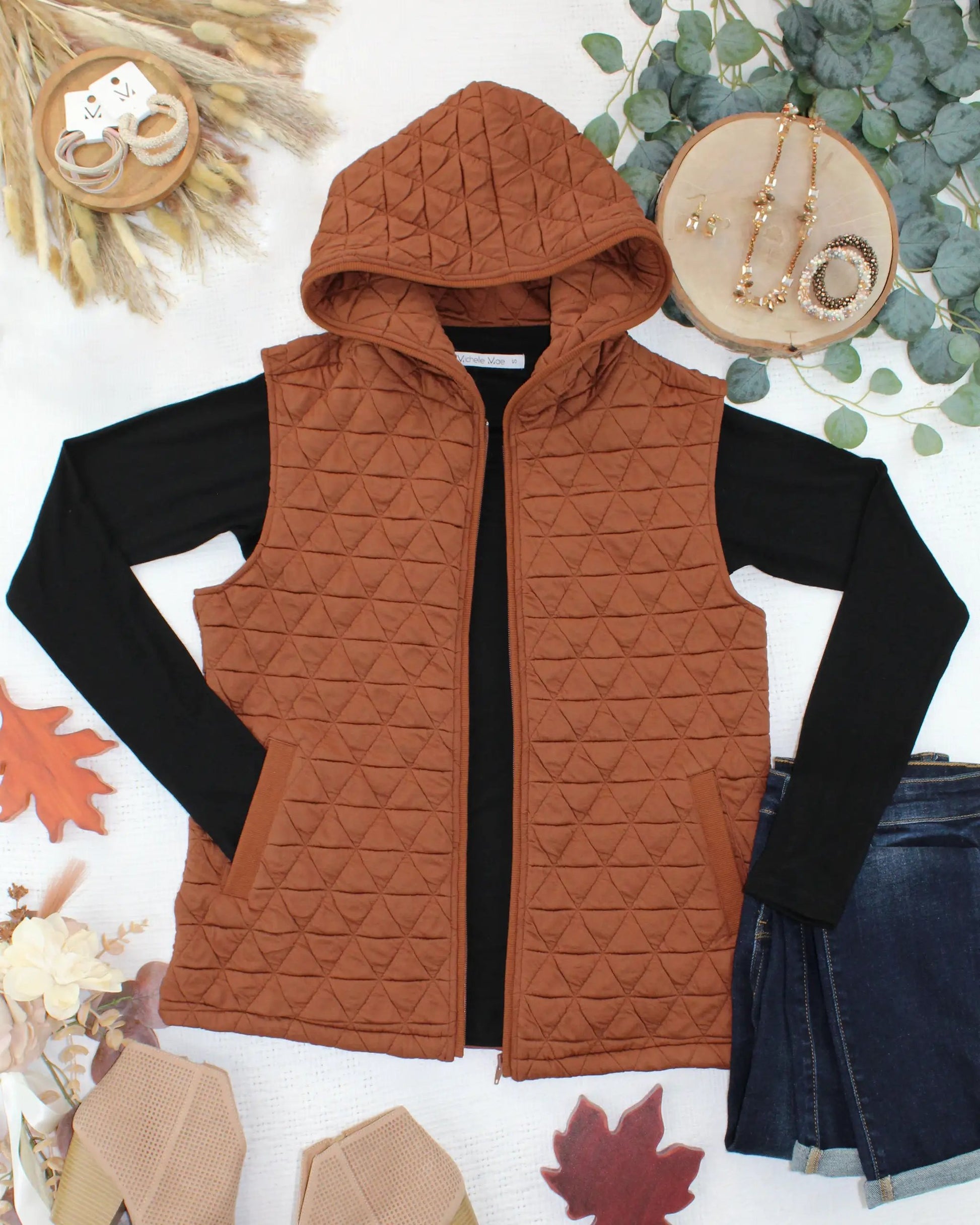 IN STOCK Heather Geometric Hooded Vest - Rust by Michelle Mae