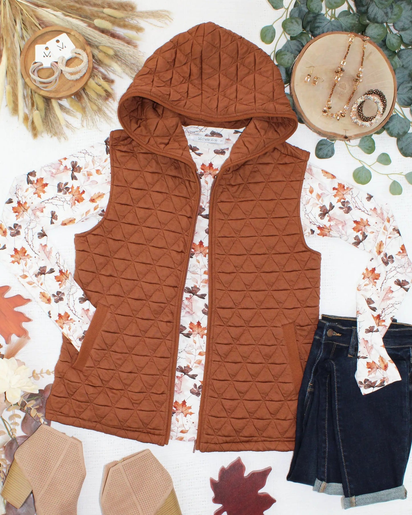 IN STOCK Heather Geometric Hooded Vest - Rust by Michelle Mae