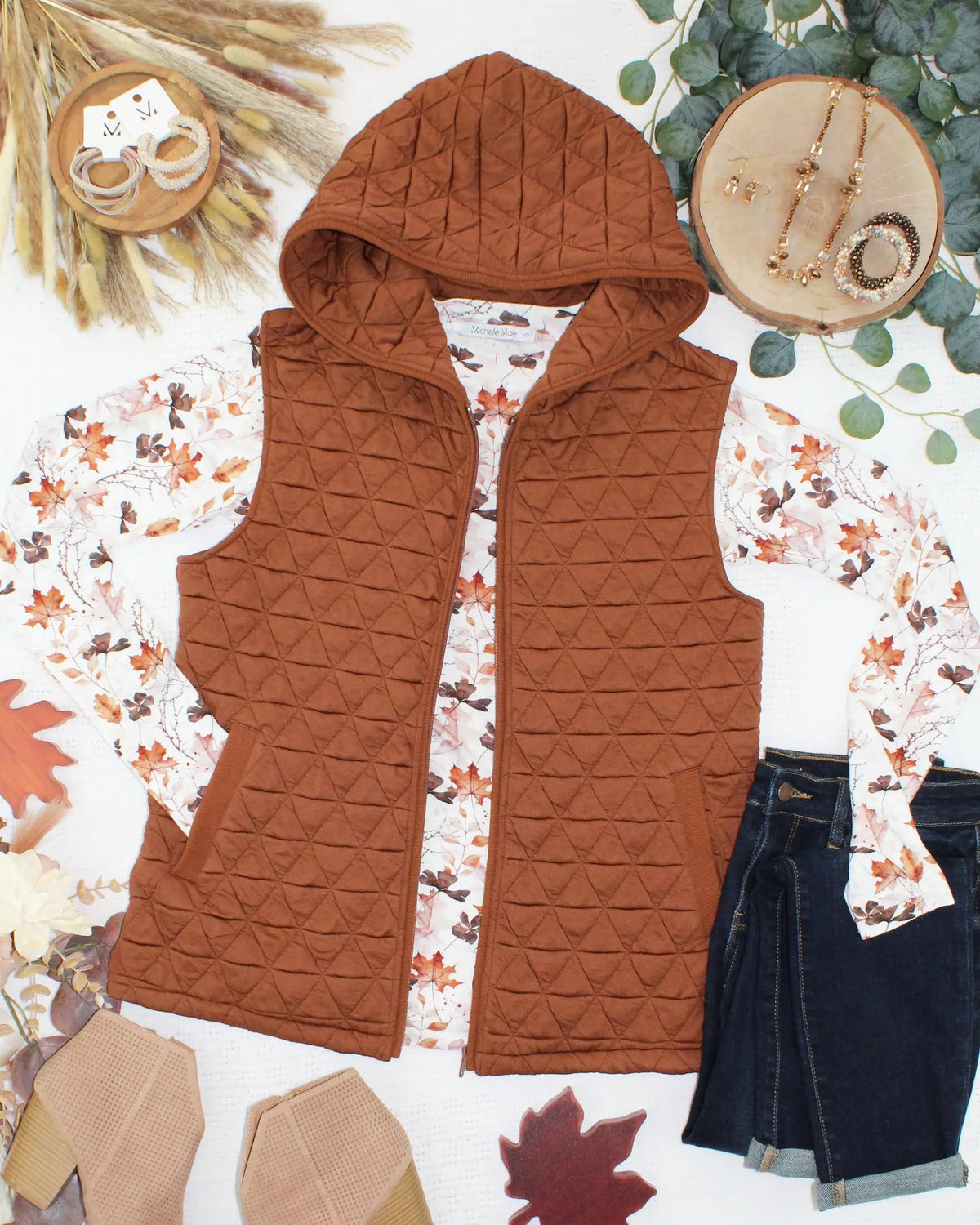 IN STOCK Heather Geometric Hooded Vest - Rust by Michelle Mae