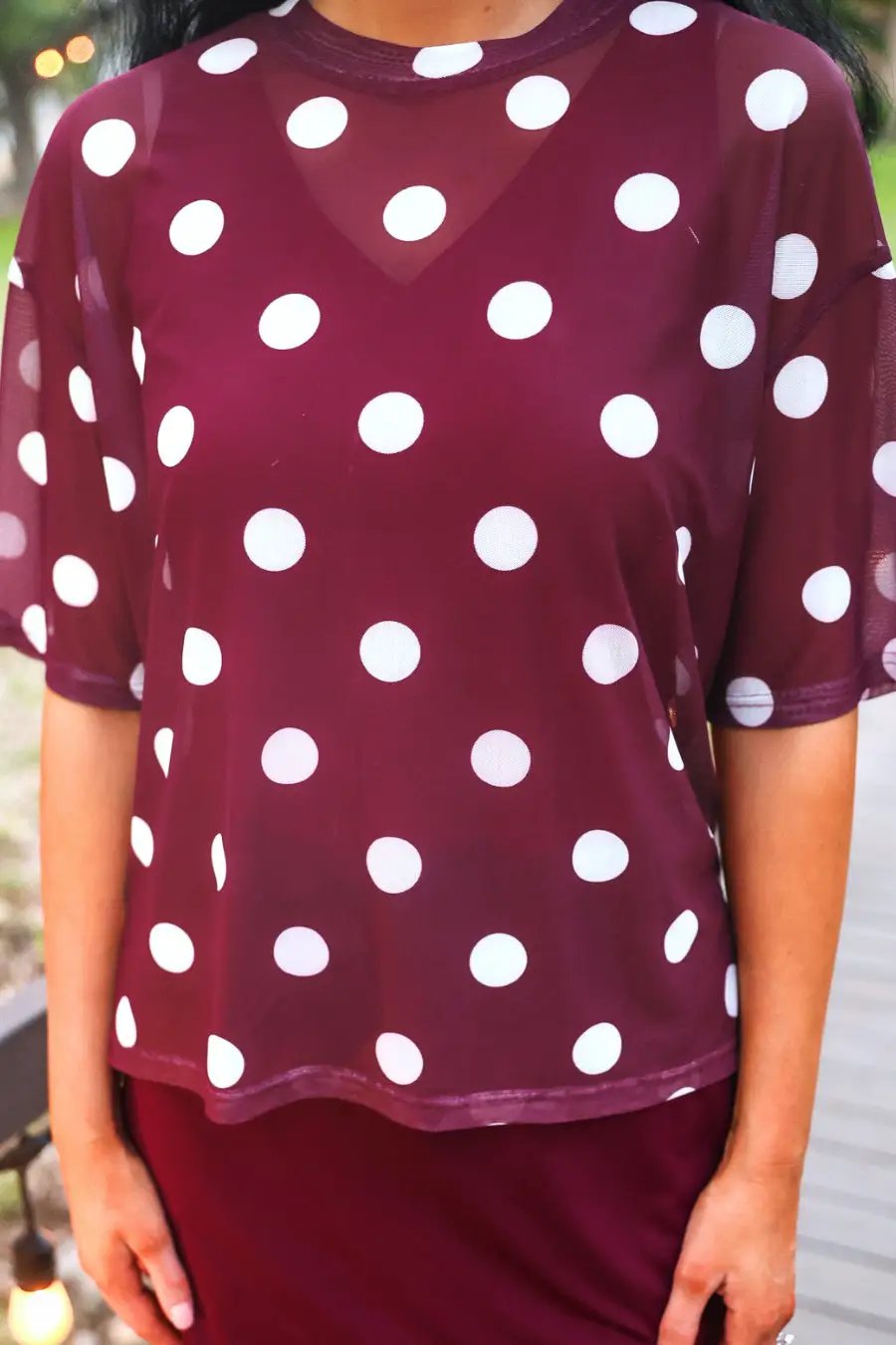 Preorder Emma Mesh Tee Burgundy Polka Dot Lightweight Boxy Top by Jess Lea