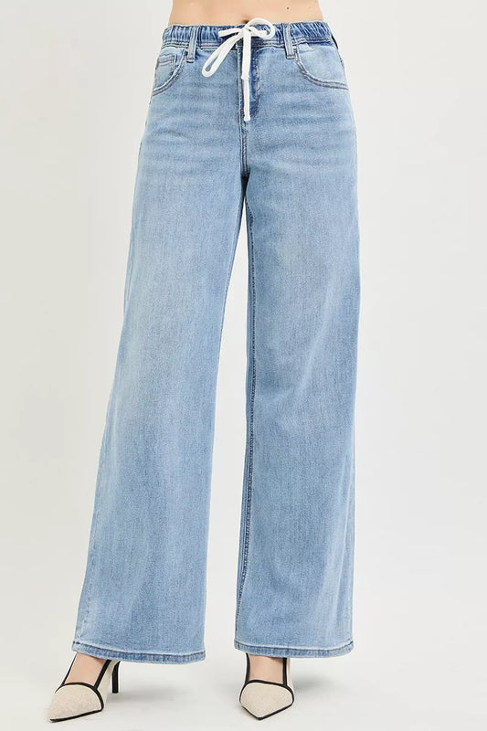 RISEN Elastic Band Slouchy Wide Jeans with Drawstring by Trendsi