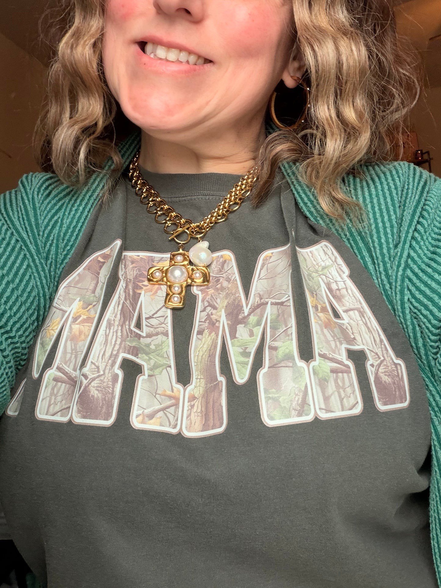 Mama Camo Letters on Comfort Colors Pepper T Shirt by Knitted Grace Boutique