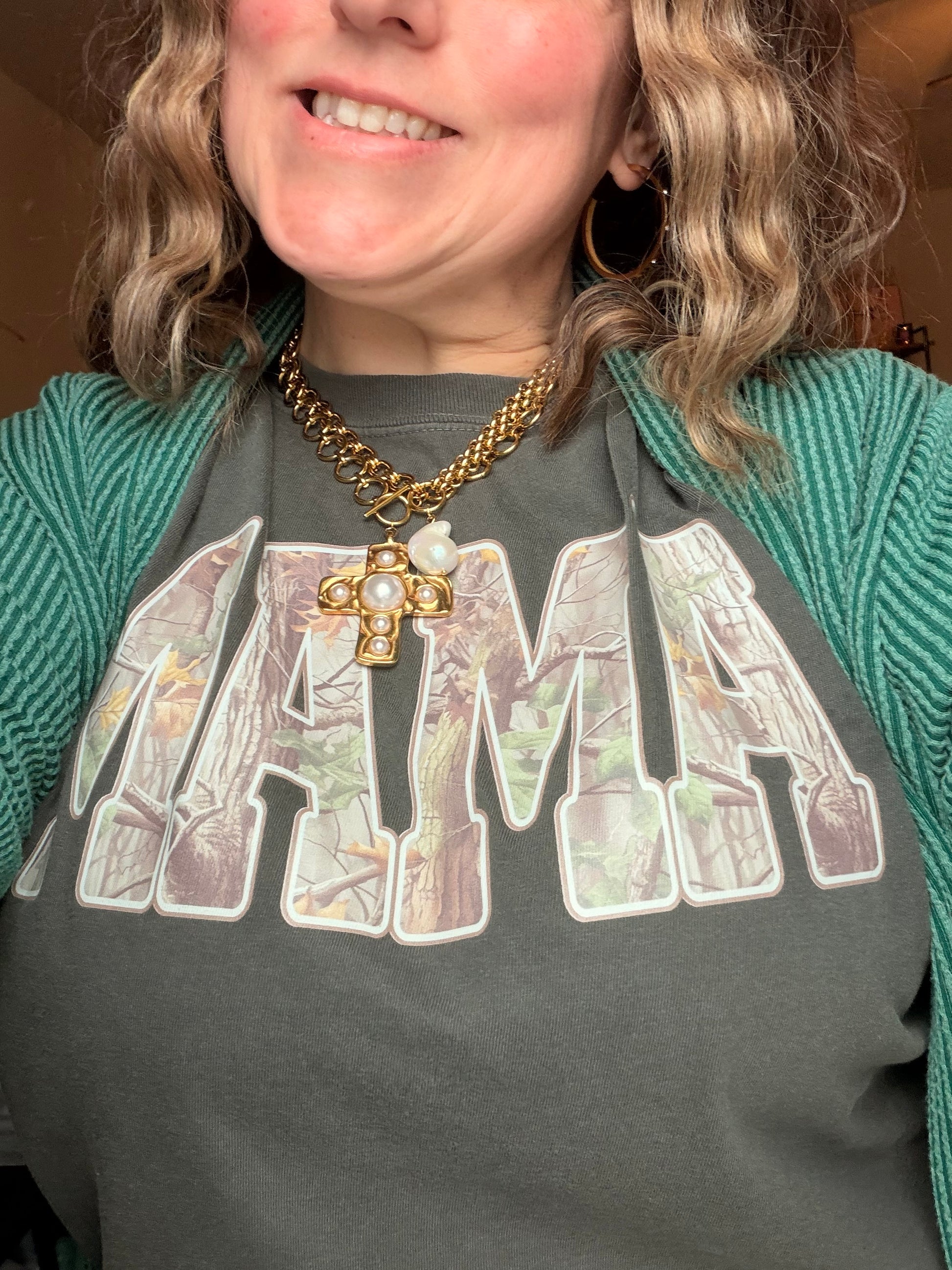 Mama Camo Letters on Comfort Colors Pepper T Shirt by Knitted Grace Boutique
