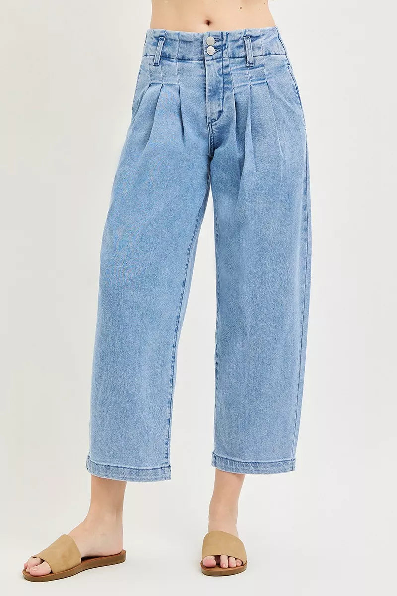 RISEN Slouchy Crop Barrel Pleated Jeans by Trendsi