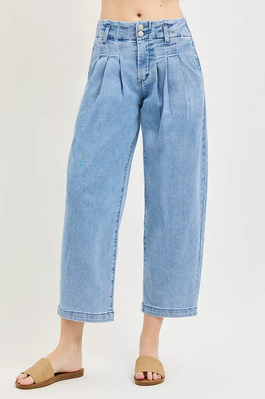 RISEN Slouchy Crop Barrel Pleated Jeans by Trendsi