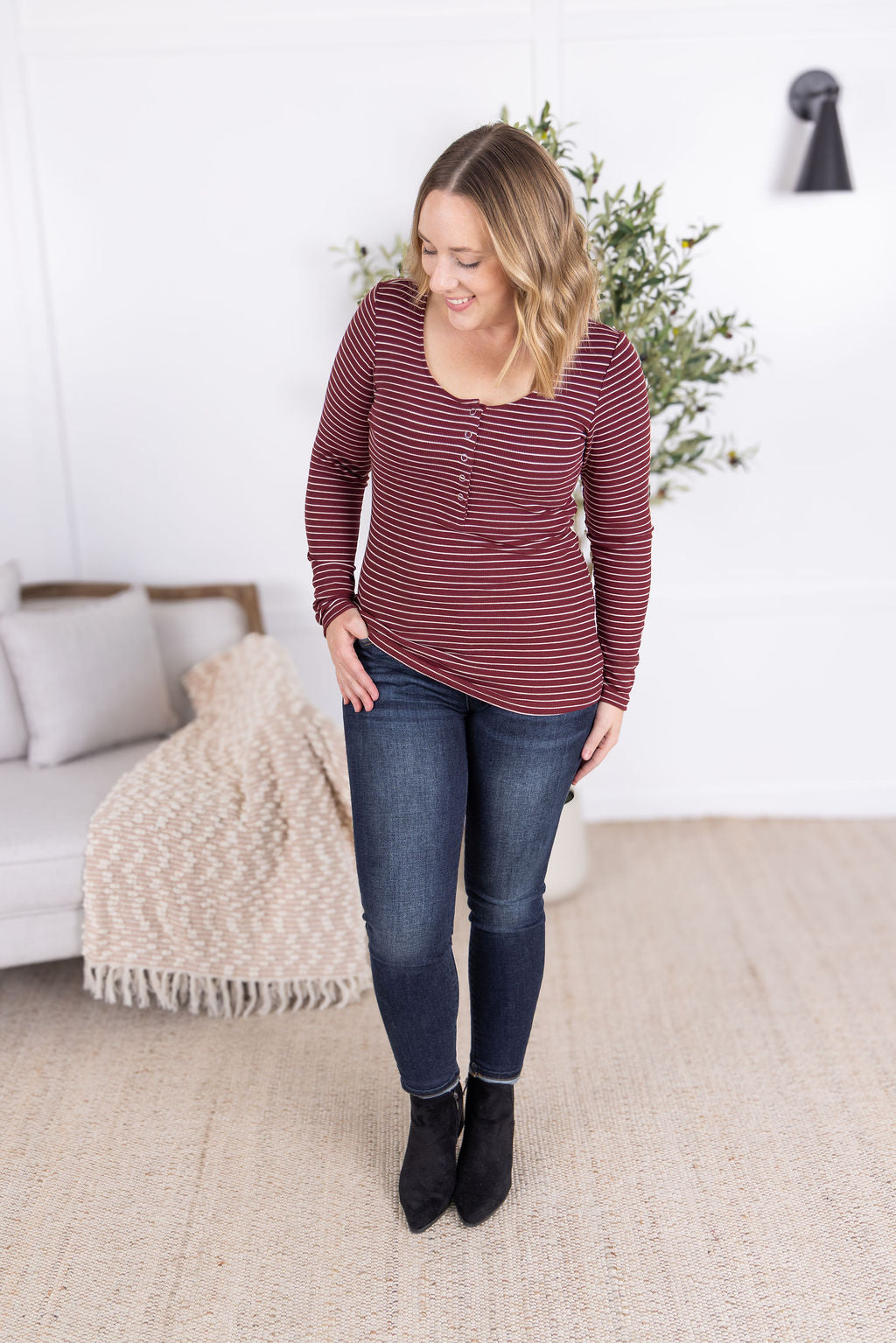 IN STOCK Striped Henley Long Sleeve - Burgundy FINAL SALE