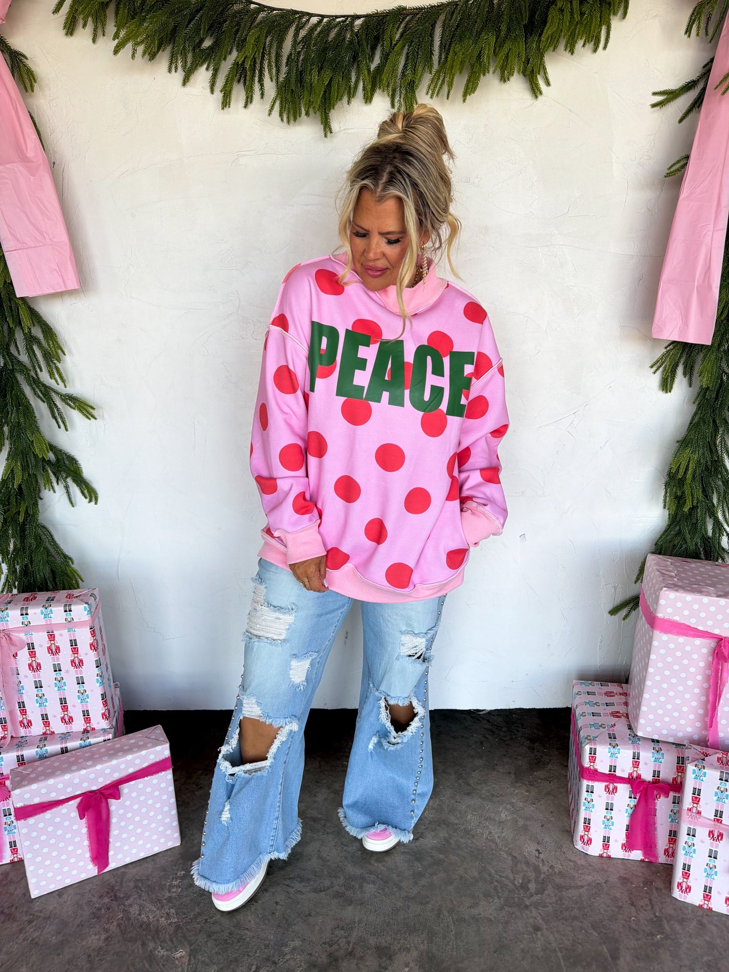 PREORDER- PEACE & POLKA DOT MOCK NECK PULLOVER by BLAKELEY