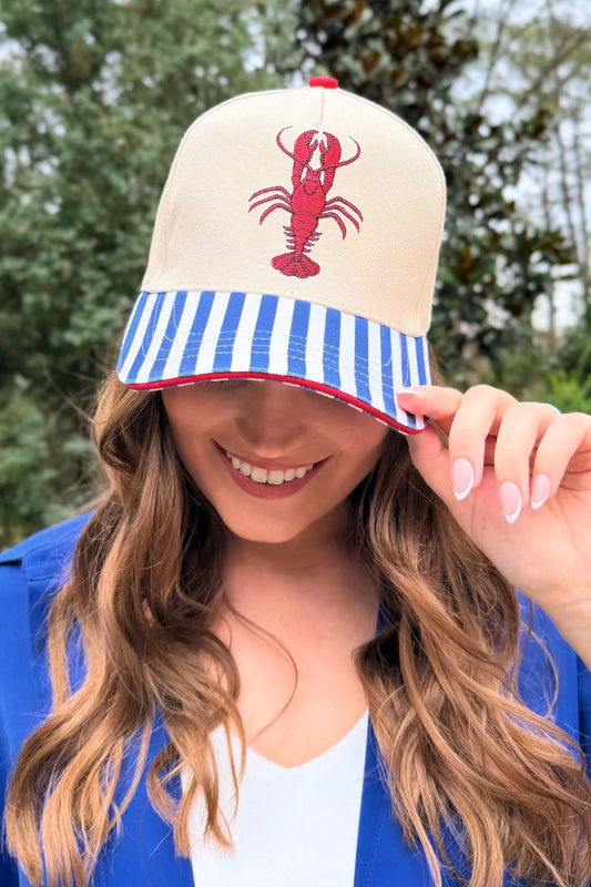 Lobster Embroidered Nautical Hat With Striped Bill by Jess Lea