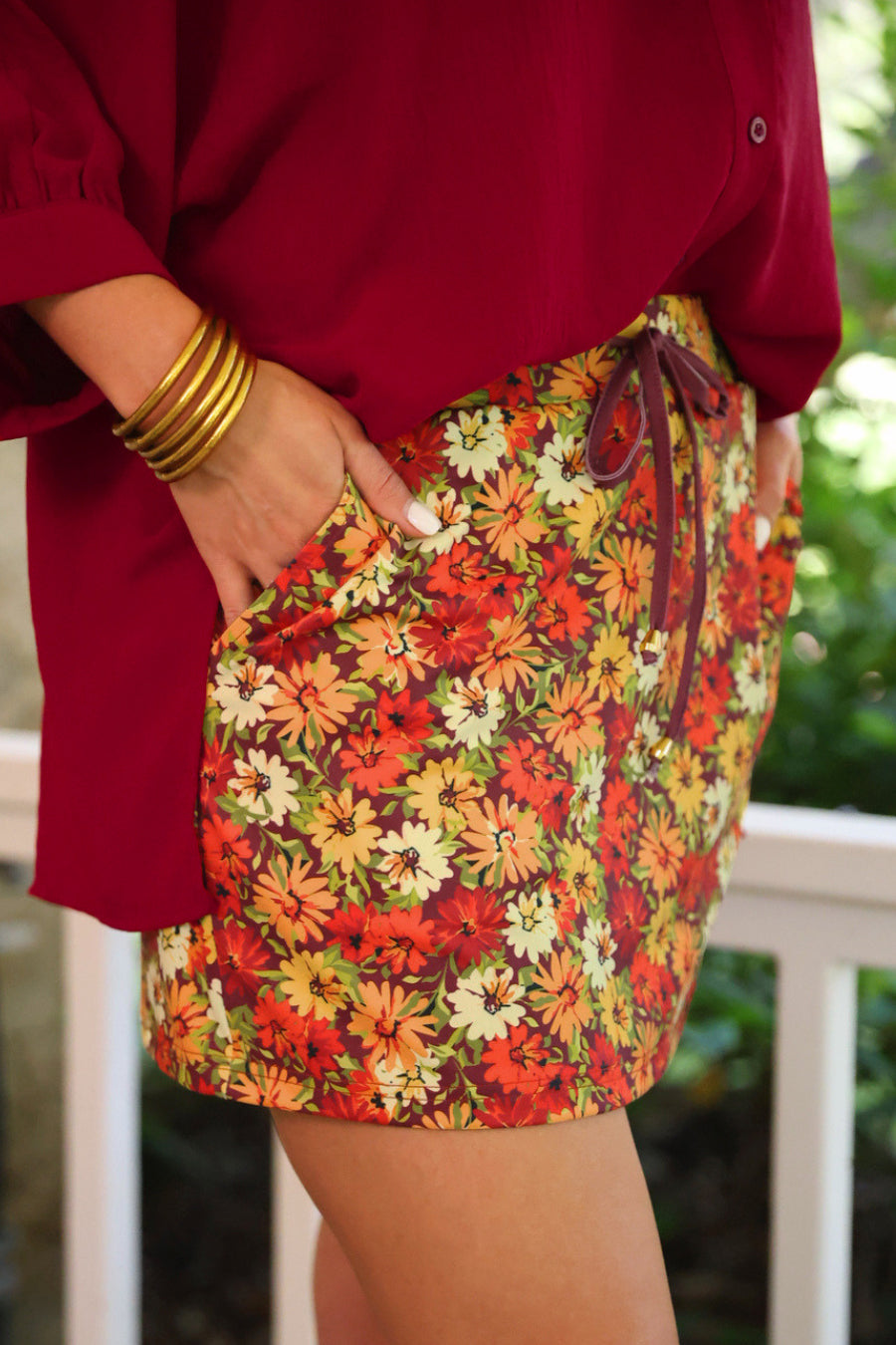 Harvest Blooms Skort Preorder With Drawstring Pockets Floral Autumn Tones