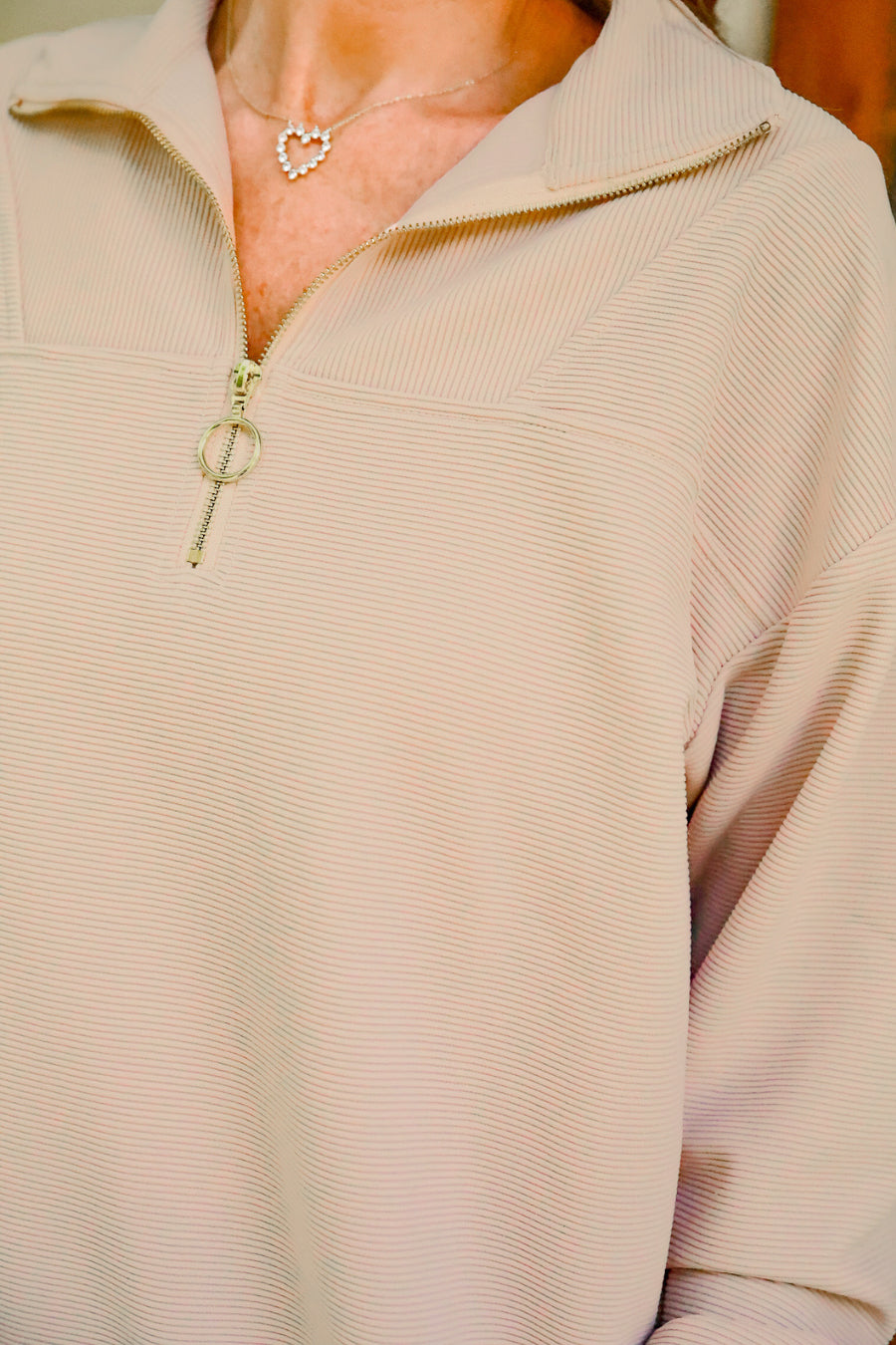 Levi Ribbed Quarter Zip Pullover Taupe With Gold Zipper