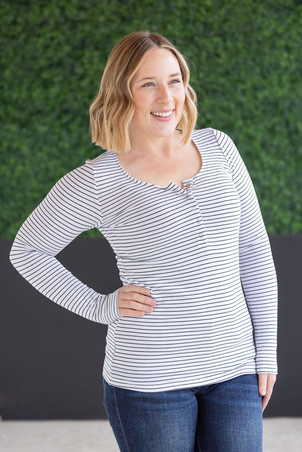 IN STOCK Striped Henley Long Sleeve - White