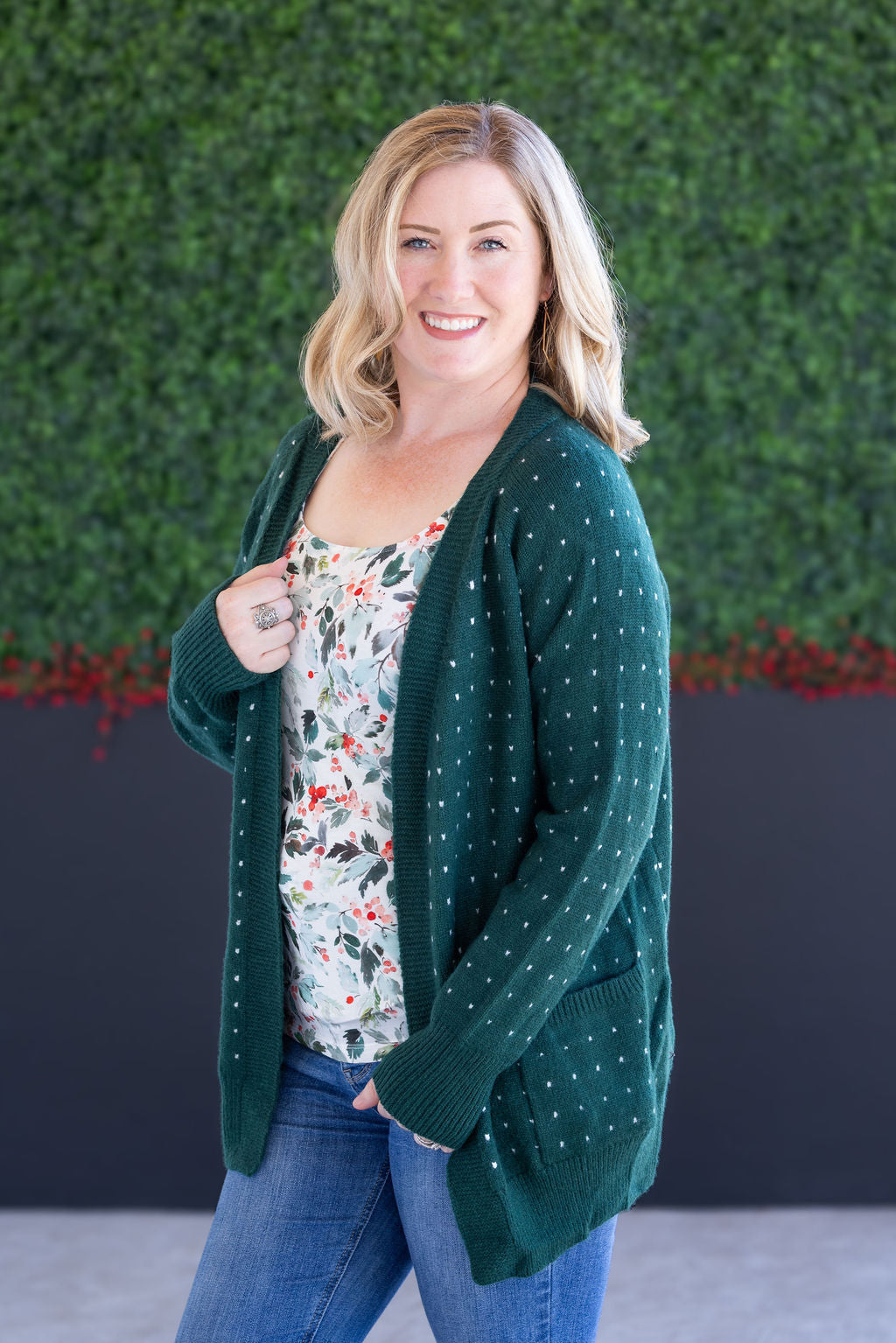 IN STOCK Dalilah Dot Cardigan - Forest Green FINAL SALE