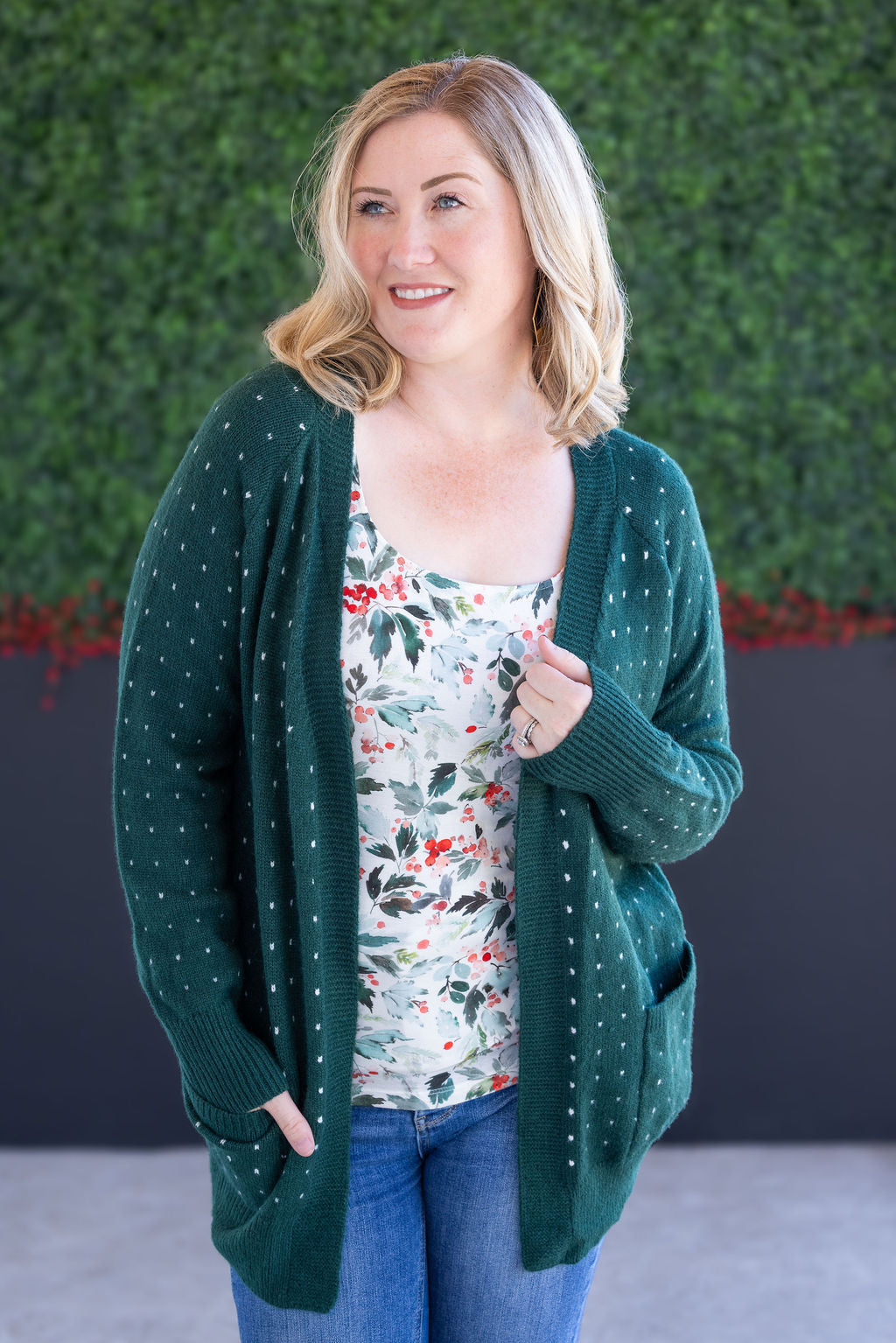IN STOCK Dalilah Dot Cardigan - Forest Green FINAL SALE