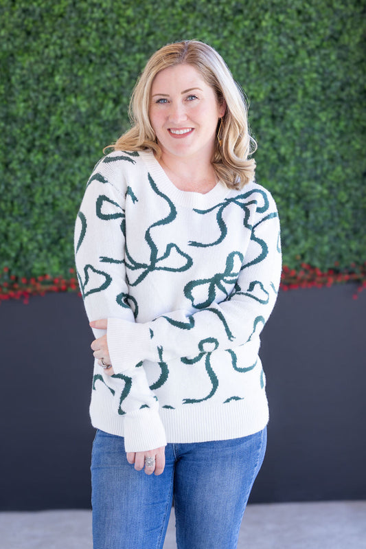 IN STOCK Ribbons Sweater - Ivory and Hunter Green FINAL SALE