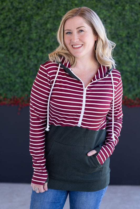 IN STOCK Soft Classic HalfZip Hoodie - Evergreen and Burgundy Stripes