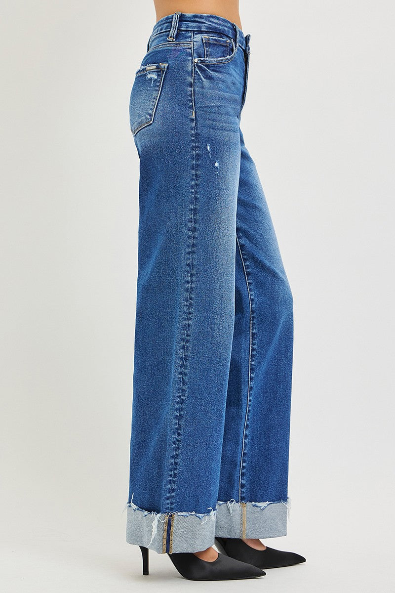RISEN High Rise Wide Leg Jeans With Cuffed Hem by Trendsi