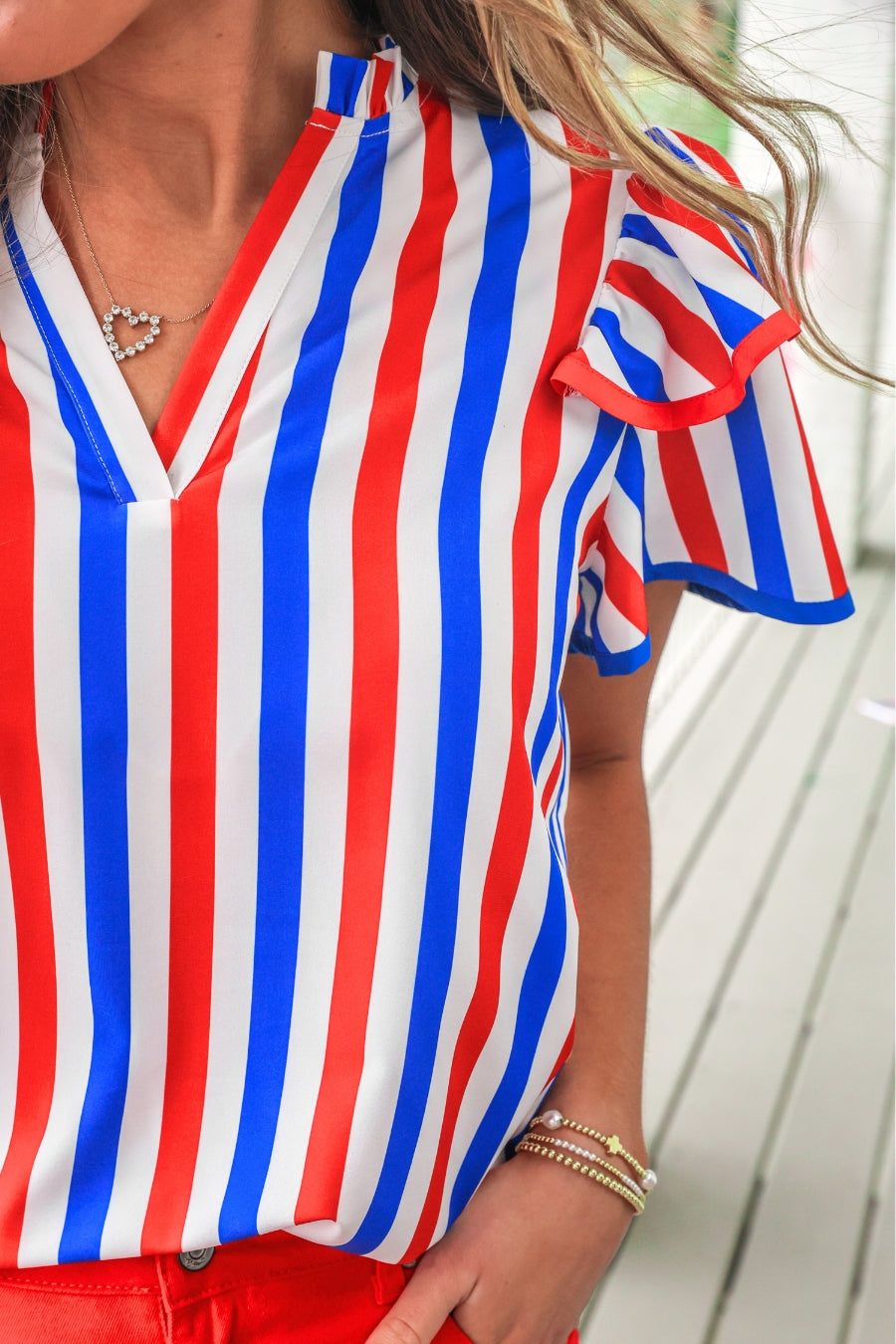 Kennedy Flutter Sleeve Blouse- Patriotic Stripes