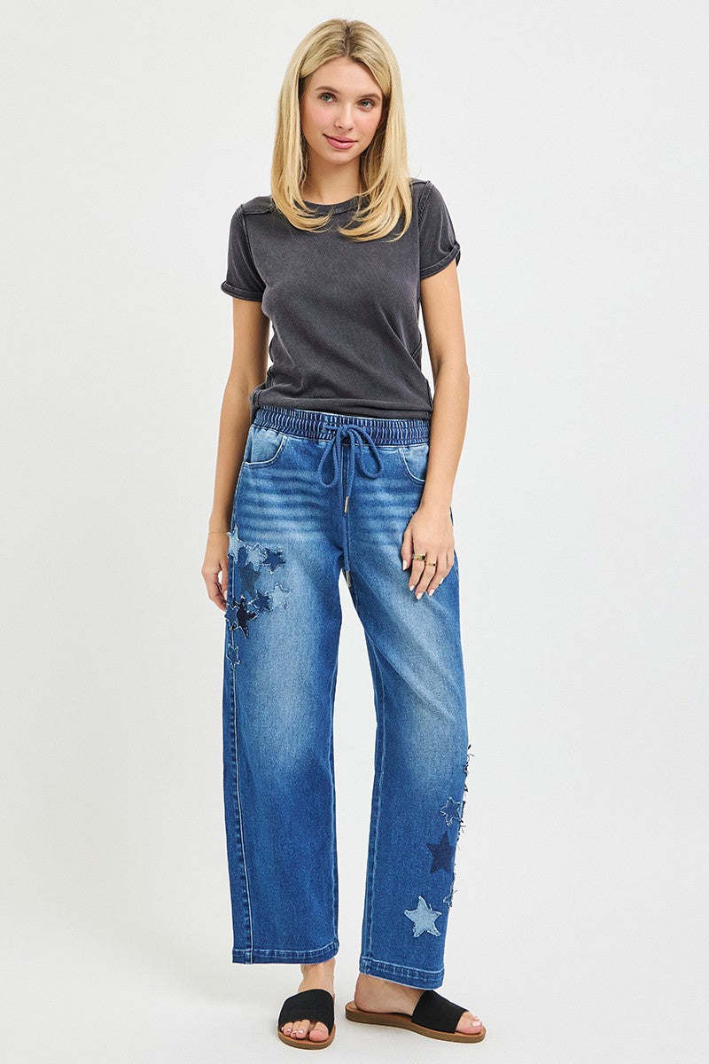 RISEN Elastic Band Slouchy Cropped Barrel with Star Patch by Trendsi