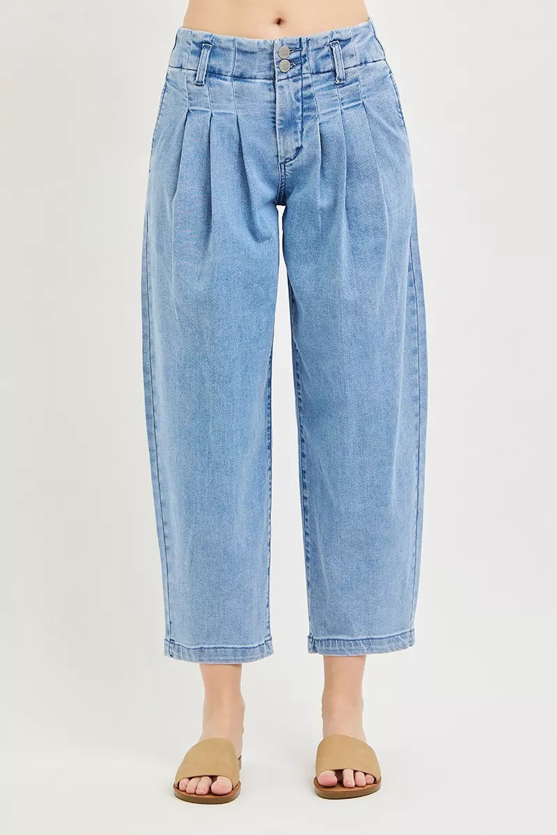 RISEN Slouchy Crop Barrel Pleated Jeans by Trendsi