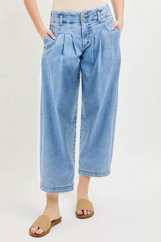 RISEN Slouchy Crop Barrel Pleated Jeans by Trendsi