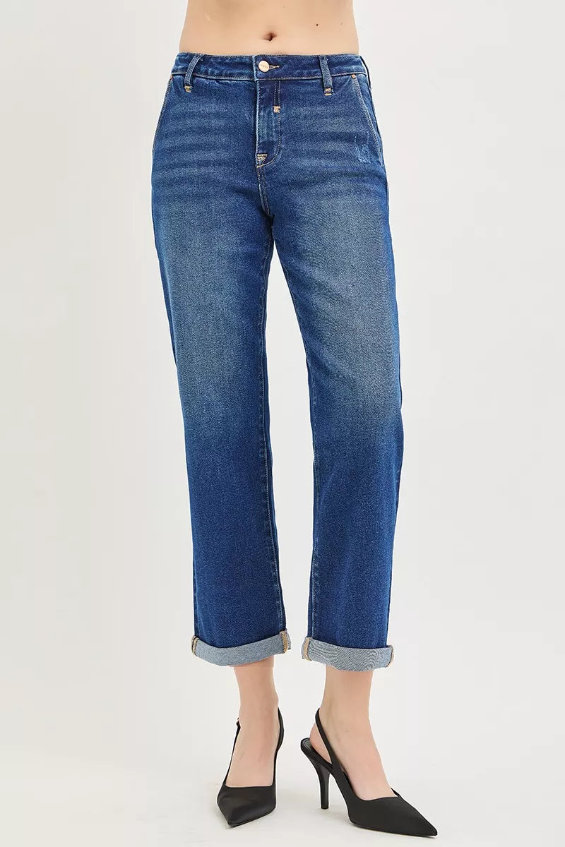 RISEN Slouchy Cropped Boyfriend Jeans with Cuffed Hem by Trendsi