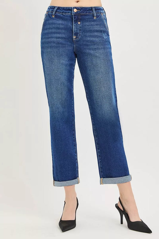 RISEN Slouchy Cropped Boyfriend Jeans with Cuffed Hem by Trendsi