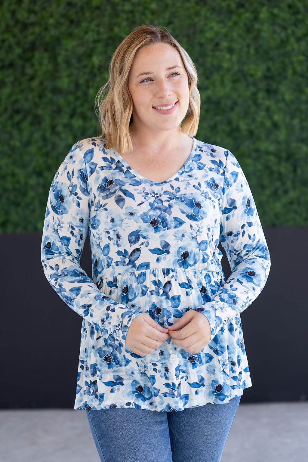 IN STOCK Long Sleeve Sarah Ruffle Top - Sapphire Floral