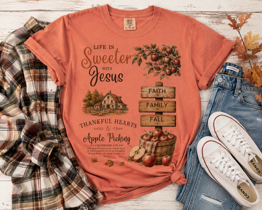 Life Is Sweeter With Jesus Fall Tee Comfort Colors Faith Family Apple Vintage by Knitted Grace