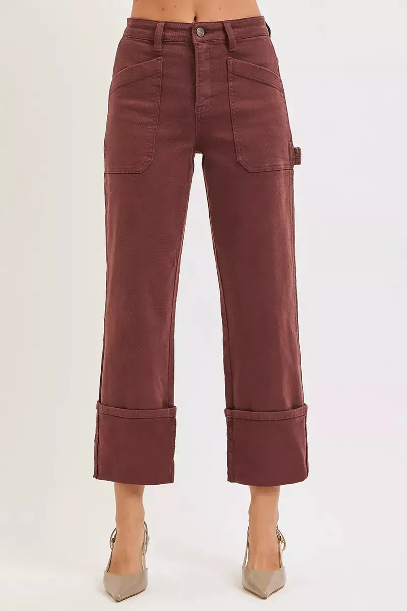 RISEN Full Size High Rise Wide Straight Cuffed Patch Jeans Plus Size by Trendsi