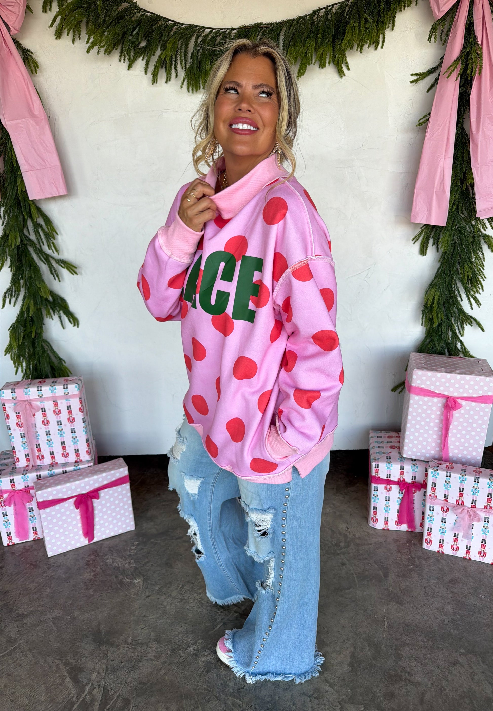PREORDER- PEACE & POLKA DOT MOCK NECK PULLOVER by BLAKELEY