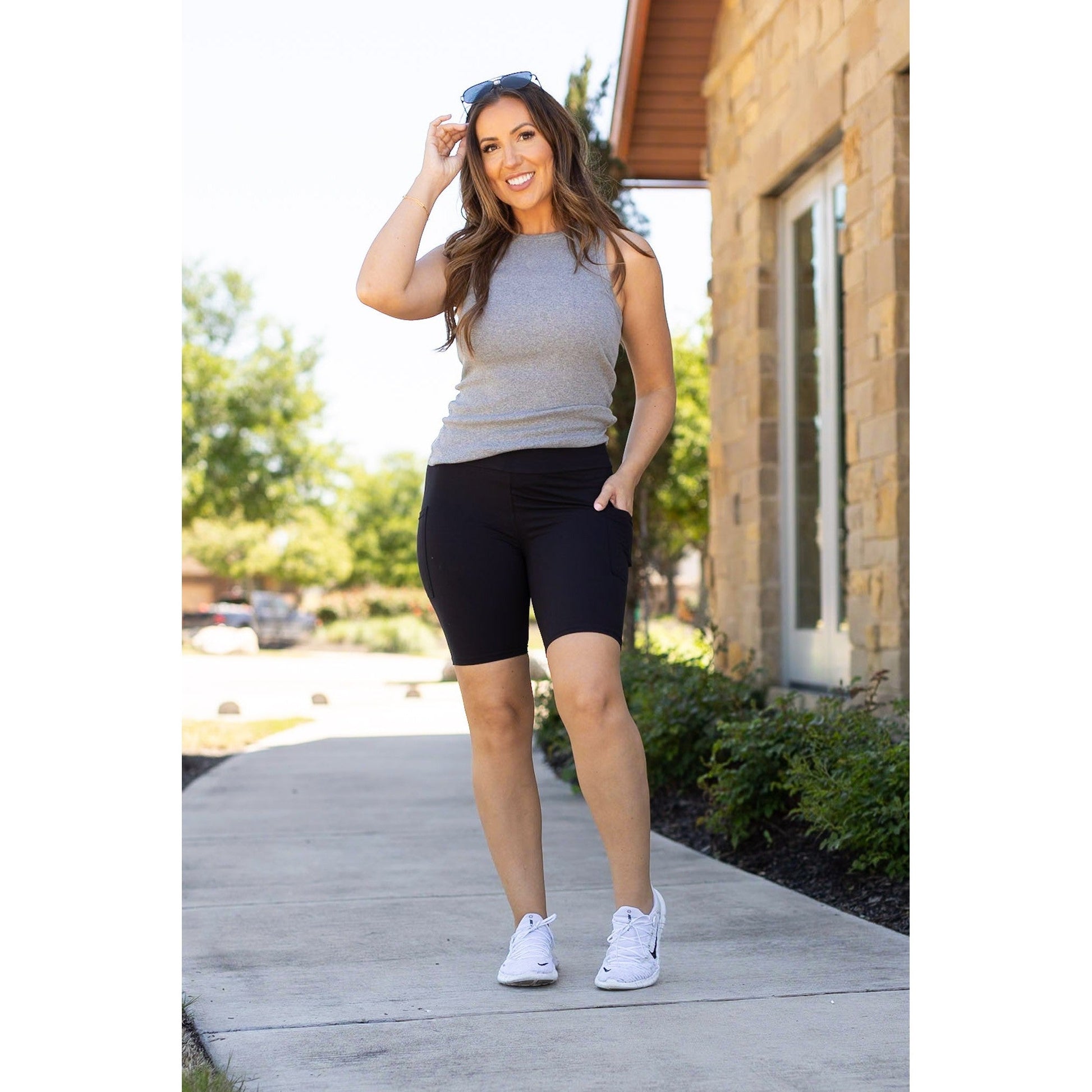 Julia Rose The Bree black 7-inch biker shorts, Women wearing black biker shorts high waisted