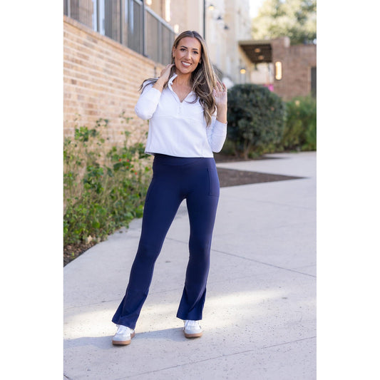 “Julia Rose Navy Flare Lounge Pants with pockets and soft stretch fabric