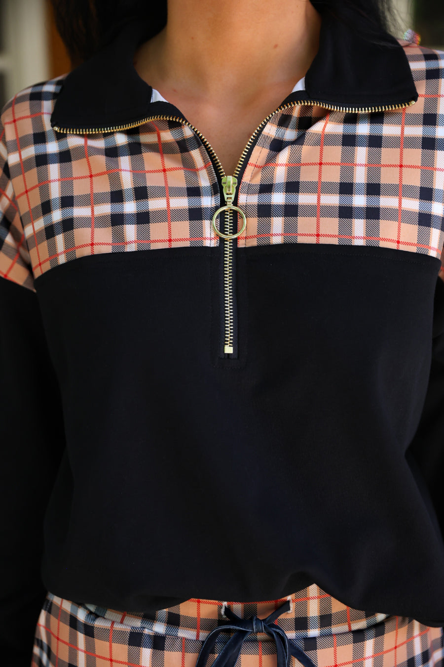 Preorder Mia Printed Pullover Nora Plaid Quarter Zip With Gold Hardware