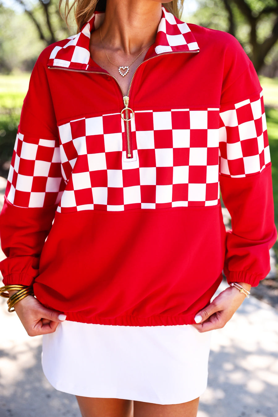 PREORDER- End Zone Checkered Pullover- Red by Jess Lea