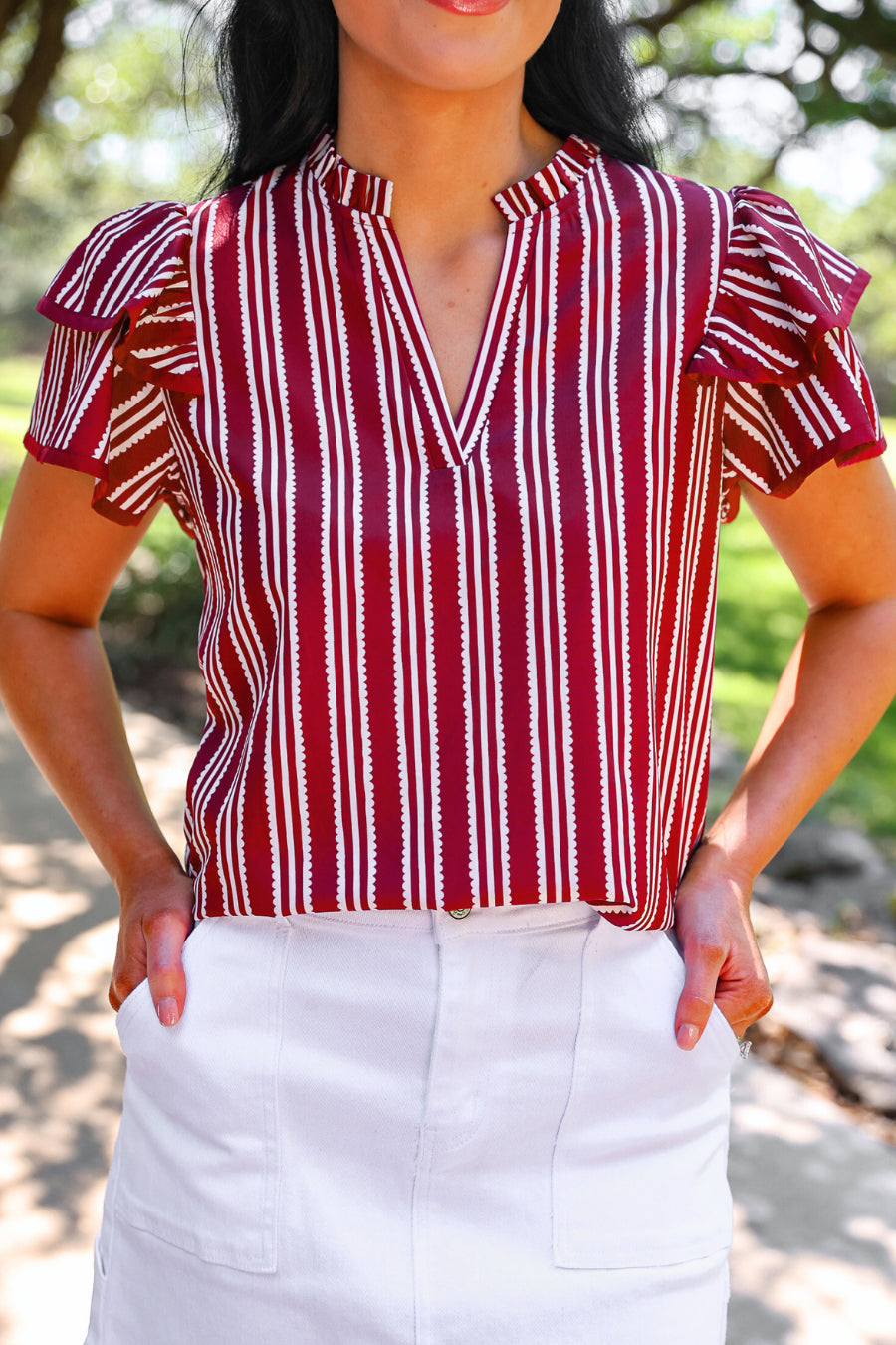 PREORDER- Layla Striped Flutter Sleeve Blouse- Maroon by Jess Lea