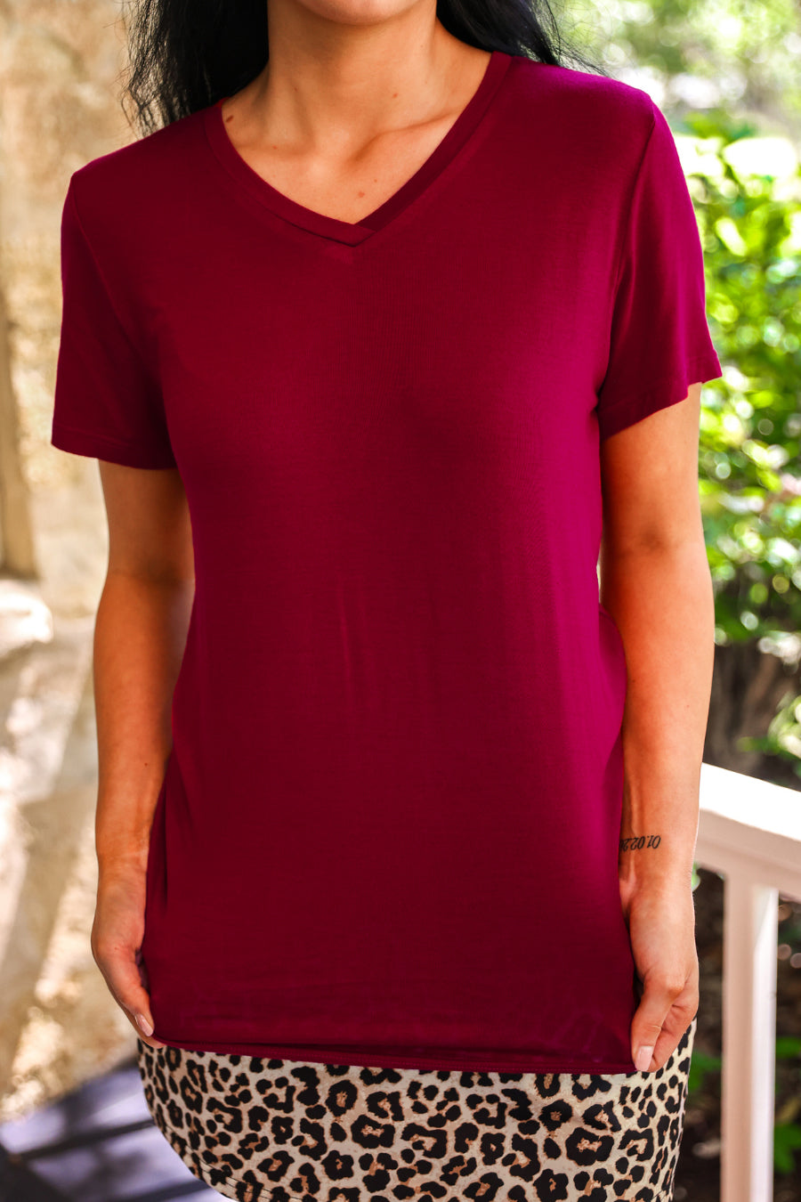 Preorder Jess Lea Burgundy Basic Tee V Neck Short Sleeve Ladies Top