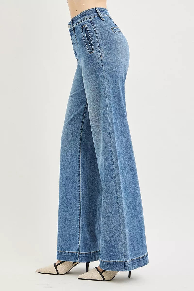 RISEN Tummy Control Elastic Band High Rise Wide Jeans by Trendsi