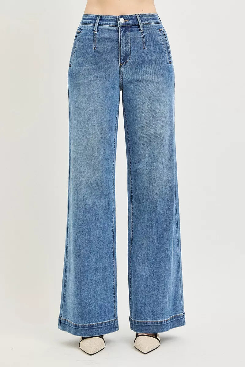 RISEN Tummy Control Elastic Band High Rise Wide Jeans by Trendsi