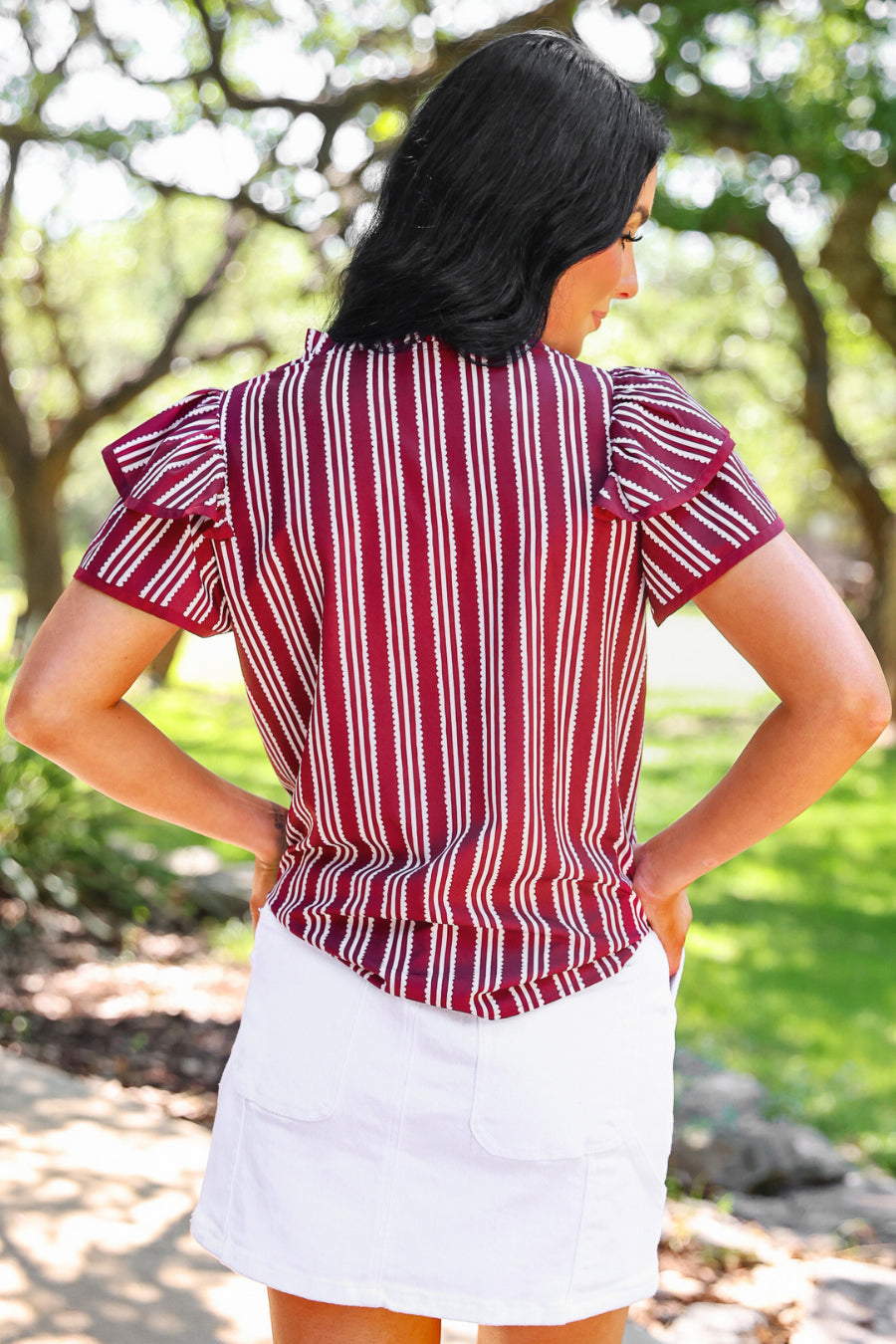 PREORDER- Layla Striped Flutter Sleeve Blouse- Maroon by Jess Lea