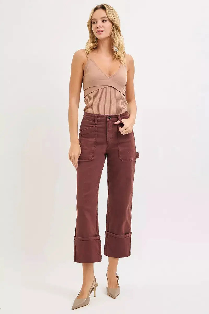 RISEN Full Size High Rise Wide Straight Cuffed Patch Jeans Plus Size by Trendsi