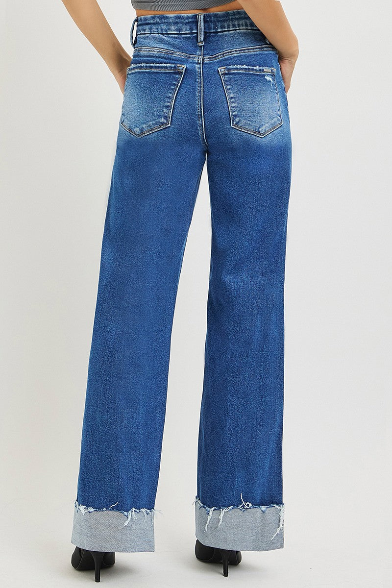 RISEN High Rise Wide Leg Jeans With Cuffed Hem by Trendsi