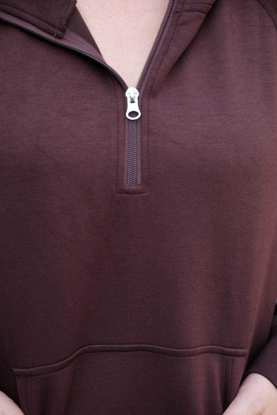 PREORDER- Kayla Luxe Hooded Quarter Zip Pullover- Chocolate
