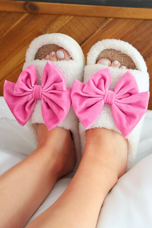 Open Toe Cozy Bow Slippers- White/Solid Pink by Jess Lea