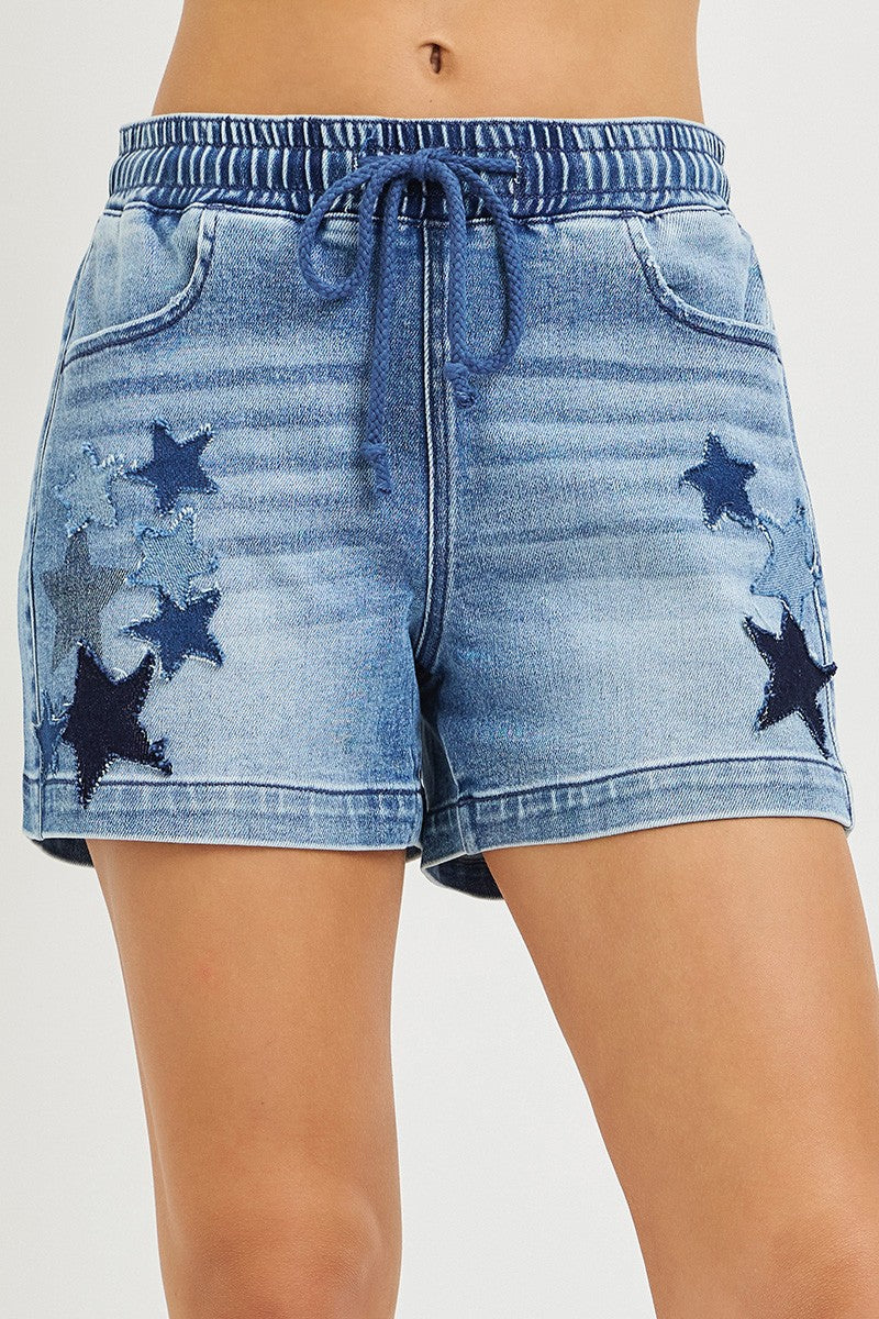 RISEN Elastic Band Slouchy Denim Shorts with Star Patched Details by Trendsi