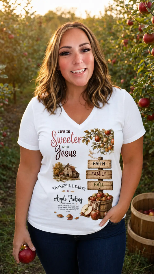 Sweeter With Jesus Apple Picking Women's V-Neck Tee by Knitted Grace Boutique