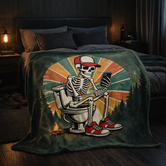 Skeleton on a toilet with a cap and sneakers on a blanket in a bedroom setting